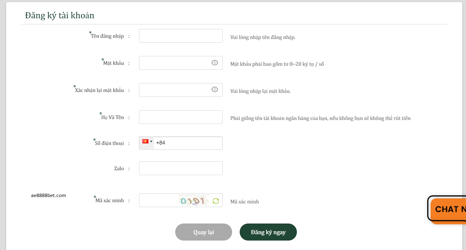 Form đăng ký tài khoản AE888